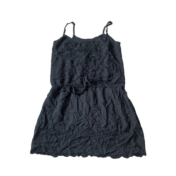Lucky Brand Dresses & Skirts - Lucky Brand Black Embroidered Mini Dress Womens XS Boho Scalloped Hem Rayon